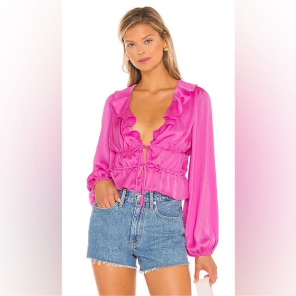 Lovers + Friends Pink Ruffle Satin Long Sleeve Crop Top Size XL